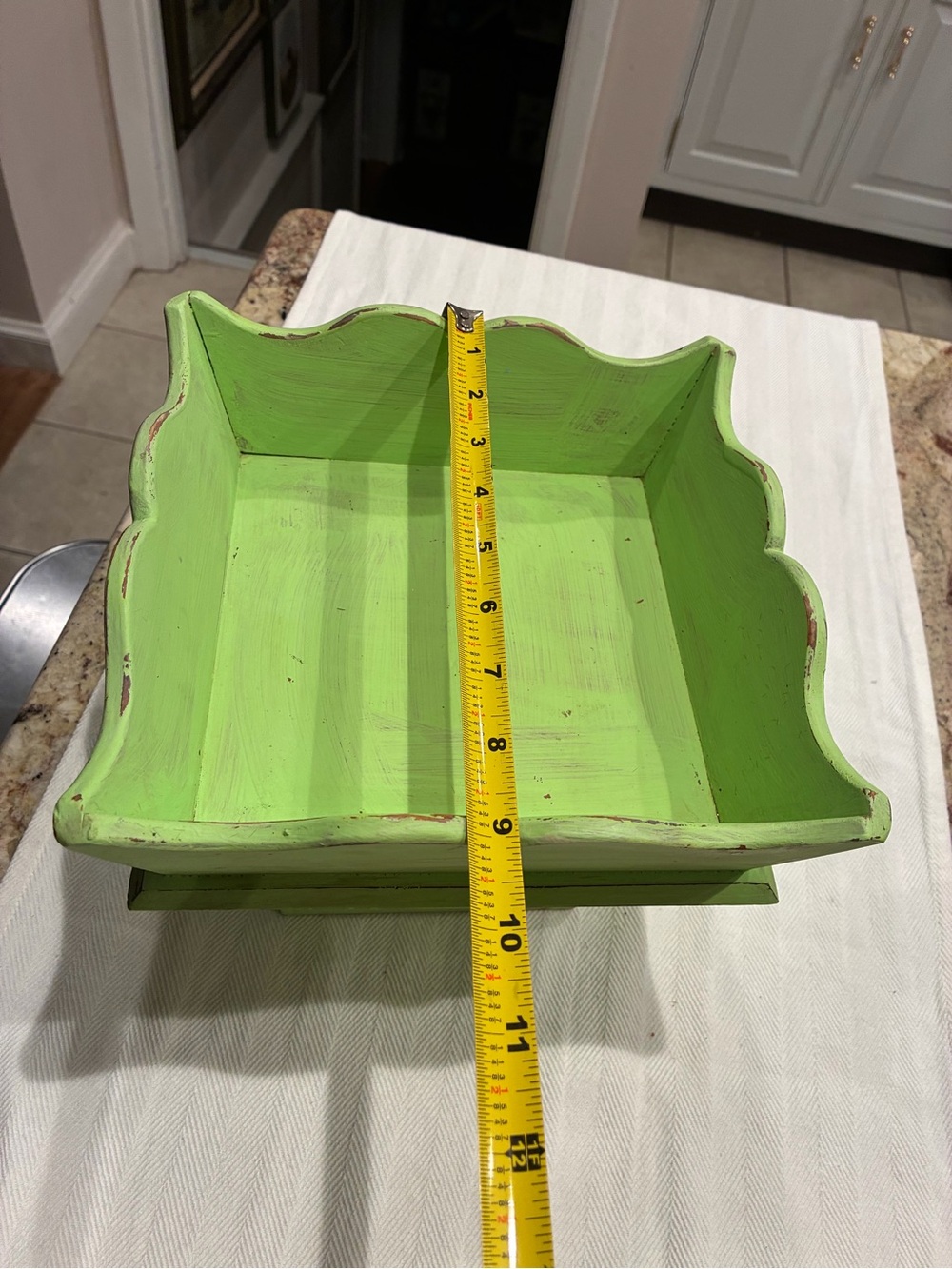 Vintage Distressed Lime Green Wood Pedestal Bowl - Picture 4 of 5